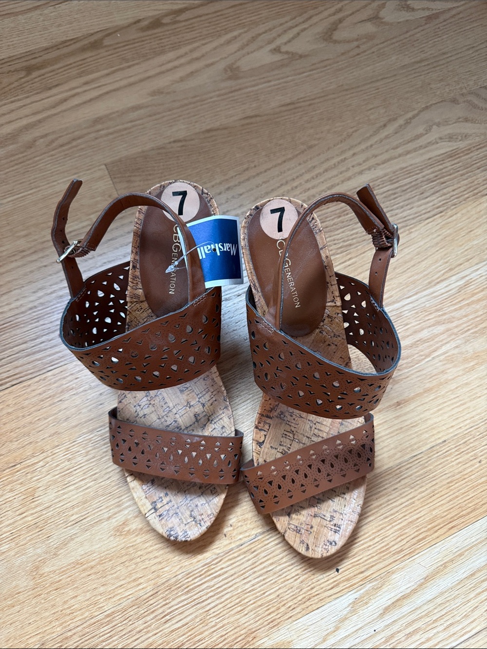 BCBGeneration Brown Laser-Cut Cork Wedge Sandals